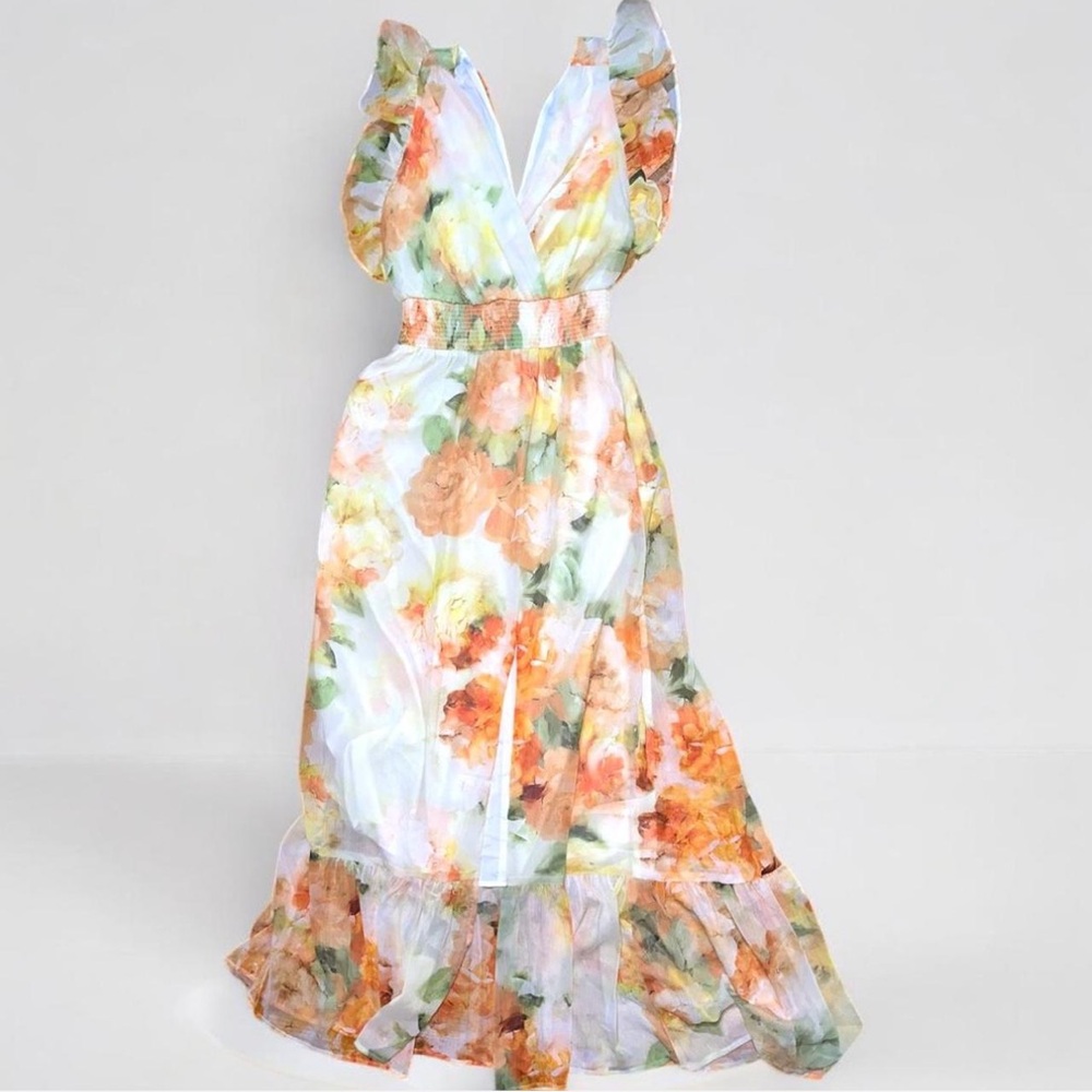 Express Vibrant Floral Backless Dress - Orange and Cream